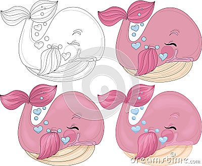 Cartoon colorful pink whale with heart bubbles sketch template set. Vector Illustration