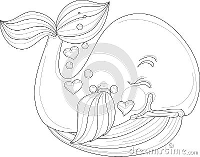 Cartoon whale with heart bubbles sketch template. Vector Illustration