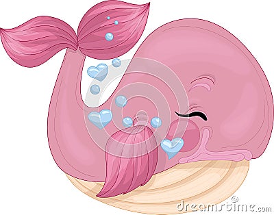 Cartoon colorful pink whale with heart bubbles template. Vector Illustration