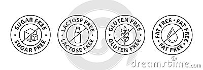 Common food allergens, gluten free icon, fat free icon, lactose free icon, sugar free icon Vector Illustration