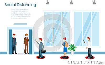 People queuing for elevator at safety points to prevent from COVID-19 coronavirus pandemic. New Normal and social distancing Vector Illustration