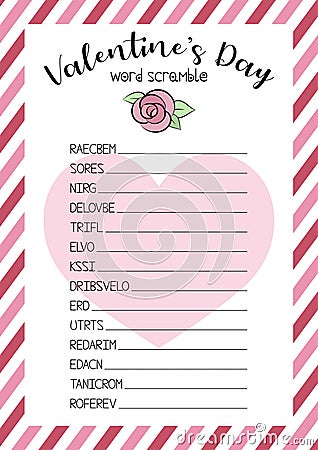 Valentine's Day word scramble. Educational logic game for learning English. Vector Illustration