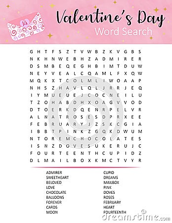 St. Valentine's Day word search puzzle. Educational game for learning English. Party card. Vector Illustration