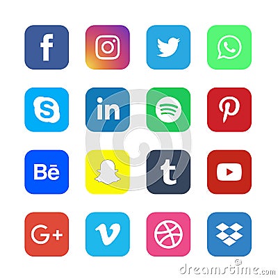 Colored Web and mobile application icons and social media icons Vector Illustration