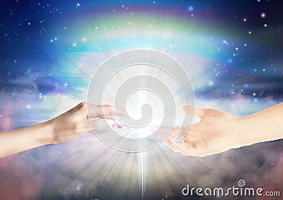 Magical divine love healing energy from hands universe background Stock Photo