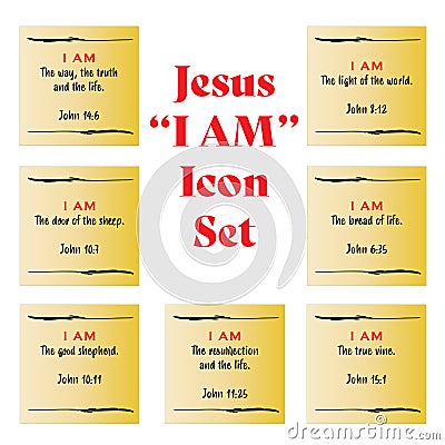 Jesus` I AM posted note yellow icon set statements in gospel of John in the Bible`s new testament. I am the way, truth, life, vine Vector Illustration