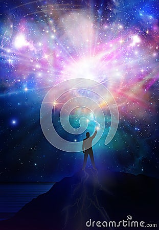 Man universe meditation spiritual healing human body energy beams connected with all Stock Photo