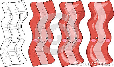 Colorful cartoon bacon with cute face sketch template set. Vector Illustration