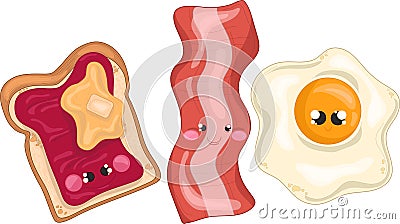 Colorful cartoon bacon sunny fried egg and toast with jam template set. Vector Illustration