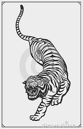 Beautiful tiger walking. Logo example. Print design for t-shirt. Vector Illustration