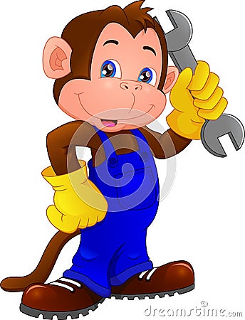 Cute monkey cartoon holding wrench Vector Illustration