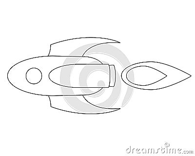 Rocket flying horizontally, Spaceship to Mars - linear stock illustration for coloring. Outline. Stylized fantasy spaceship for co Vector Illustration