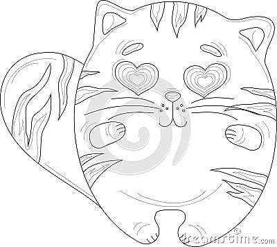 Cartoon cat with heart shaped eyes sketch template. St. valentine`s day graphic vector illustration in black and white Vector Illustration