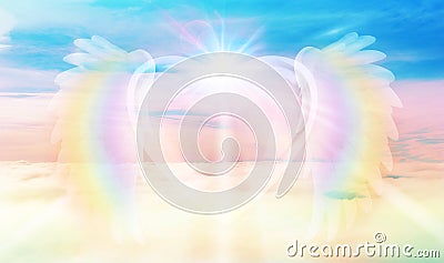 Spiritual guidance, Angel of light and love doing a miracle on sky, rainbow angelic wings Stock Photo