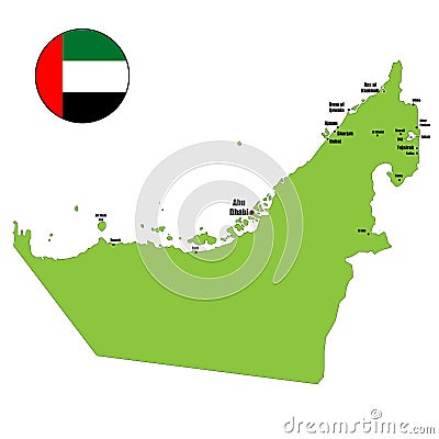 United Arab Emirates Vector Map of major cities of Dubai, Abu Dhabi and all Emirates in the Gulf in the Middle East. Vector Illustration