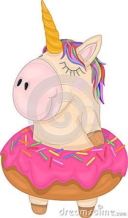 Cute bright sleeping rainbow unicorn creature in donut template. Vector Illustration