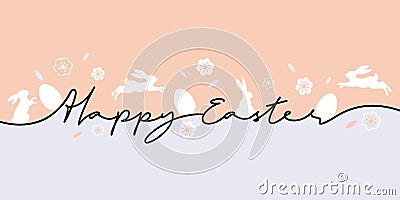 Happy Easter greeting card. Trendy Easter design with typography, eggs and bunnys in pastel colors. Vector Illustration