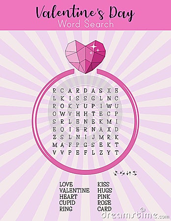 St. Valentine`s Day word search puzzle. Educational game for learning English. Party card. Vector Illustration