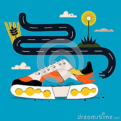 Ð¡omposition of stylish sneakers in ugly-shoes style in orange, yellow, white tones on a blue background Vector Illustration