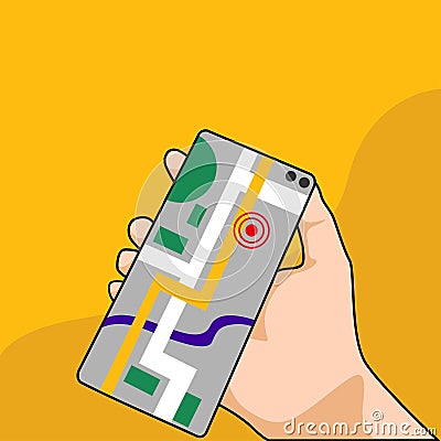 Hand holding phone with map and marker. Mobile gps navigation and tracking concept. Flat vector cartoon illustration Vector Illustration