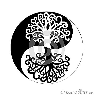 The tree of life and Yin Yang Spiritual Symbol Stock Photo