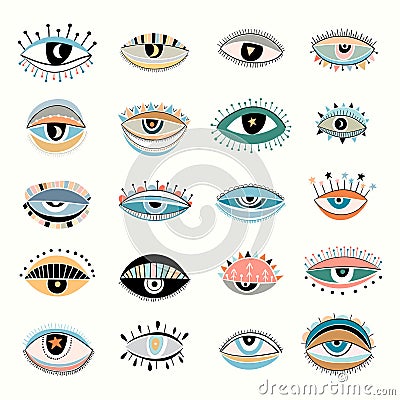 Decorative Colorful different boho eyes collection Vector Illustration