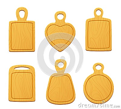 Set of wooden kitchen boards. Vector image of cutting boards isolated on white background. Collection of boards of different shape Vector Illustration