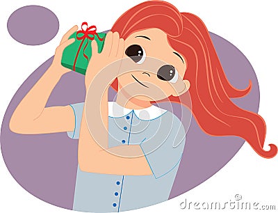 Little girl holding a gift, present for birthday, holiday, Christmas, new year. Flat vector cartoon illustration isolated on white Vector Illustration