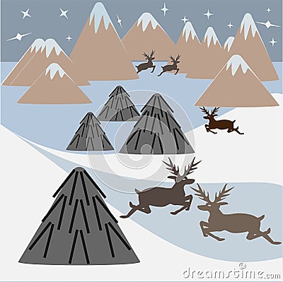 Wild animals in the North. Landscape with snow-capped mountains and snowdrifts, deer and yurts. Alaska. Stock Photo