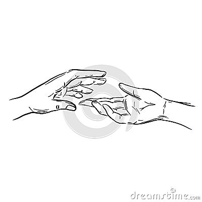 Sketch of two human hands reaching towards each other in close-up. Outline graphic elements. Monochrome concept for Valentine Day Vector Illustration