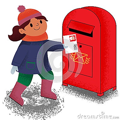 Little girl send mail to Santa, letter for Santa Claus, prepearing to meet new year. Flat vector cartoon illustration isolated on Vector Illustration