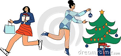 Set of people prepearing to meet new year, Christmas tree decoration and shopping. Flat vector cartoon illustration isolated on wh Vector Illustration