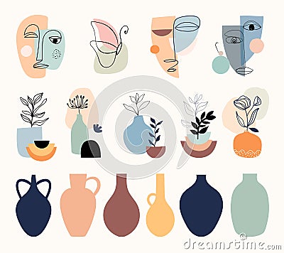 Abstract modern elements collection with human faces and vases Vector Illustration