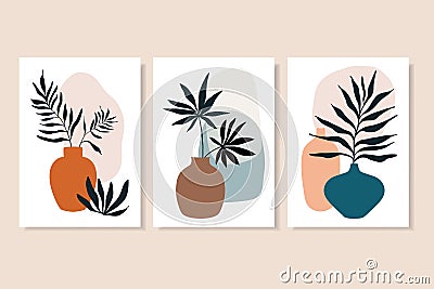 Botanical abstract wall art collection with summer lives in vases, line art vector illustration, modern minimalist contemporary de Vector Illustration