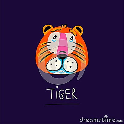 Cute illustration with cartoon character. Kindly tiger face isolated on dark background. Doodle style. Design element Vector Illustration