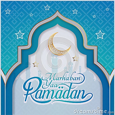 WebGreeting of marhaban ya ramadhan with lettering (English: Welcome Ramadan) Vector Illustration