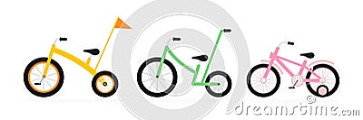 Set of kids bikes. Different bicycles colorful collection. Various multicolor child bikes group. Vector Illustration