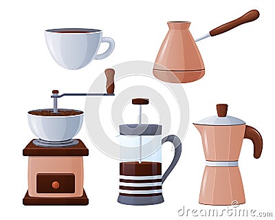 Vector set of elements for making coffee. Coffee collection in cartoon style. Vector Illustration