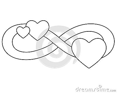 Infinity sign with three hearts - vector linear illustration for coloring. Eternal love symbol for Valentine`s Day, polyamory symb Vector Illustration