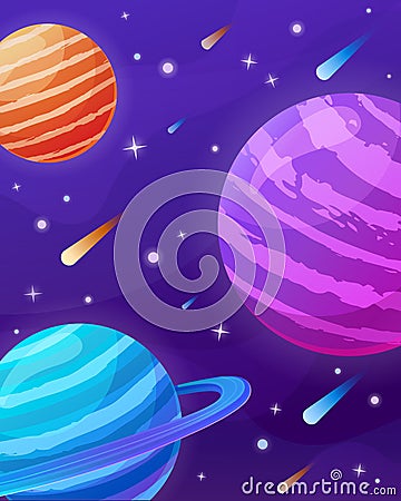 Space scenes with stars, comets and planets in cartoon style. Vector Illustration