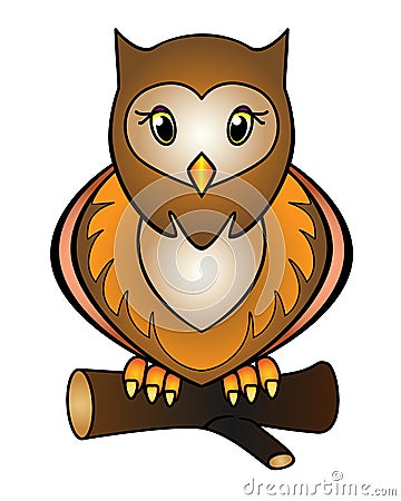 Owl - full color stock illustration. Little cute owl sits on a branch - a picture for children. Brown speckled nocturnal bird for Vector Illustration