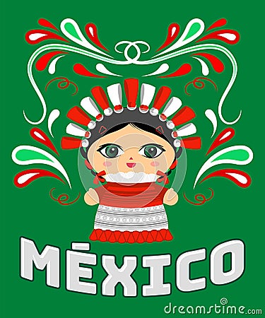 Mexican Doll with decorative ornaments and vector Mexico text. Vector Illustration