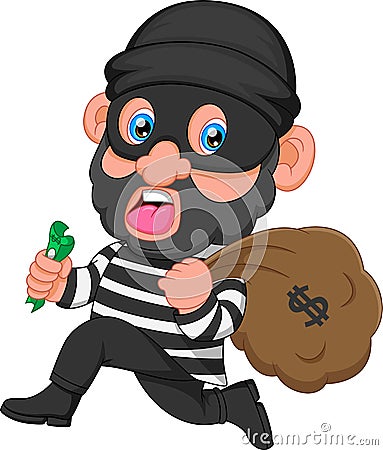 Thief cartoon carrying bag of money with a dollar sign Vector Illustration