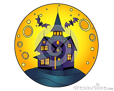Halloween manor on a full moon background - vector linear color illustration for Halloween. Mansion with ghosts and bats - multico Vector Illustration