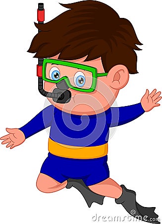 Boy diver cartoon posing and waving Vector Illustration