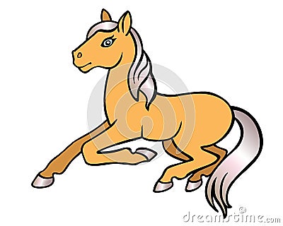 Little foal of palomino suit lying on the ground - vector full color illustration. A cute, cheerful foal with a light mane and gol Vector Illustration