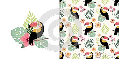 Tropical set with seamless pattern and floral arrangement Vector Illustration