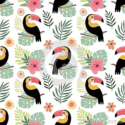 Summer seamless pattern with toucans and hibiscus, tropical design Vector Illustration