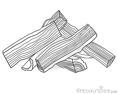 Firewood - vector linear picture for coloring. Outline. Logs cut into four parts and folded into a house. Firewood for a fire or f Vector Illustration