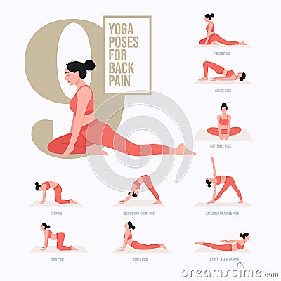 Back pain relief yoga poses. Young woman practicing Yoga poses Vector Illustration